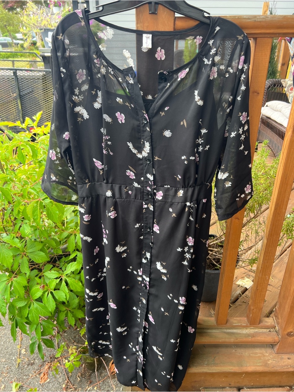 Cottagecore Black Sheer Floral Chiffon Midi Dress Size M